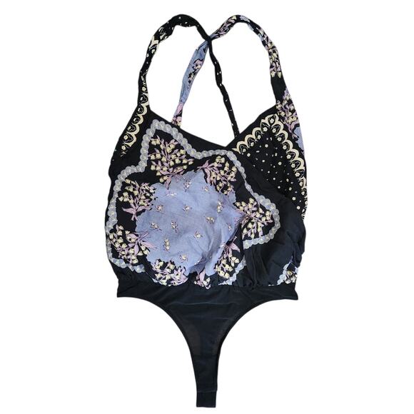 Free People‎ Intimately Cotton Bodysuit M Black Multi Boho Cottagecore Relaxed - Picture 1 of 5
